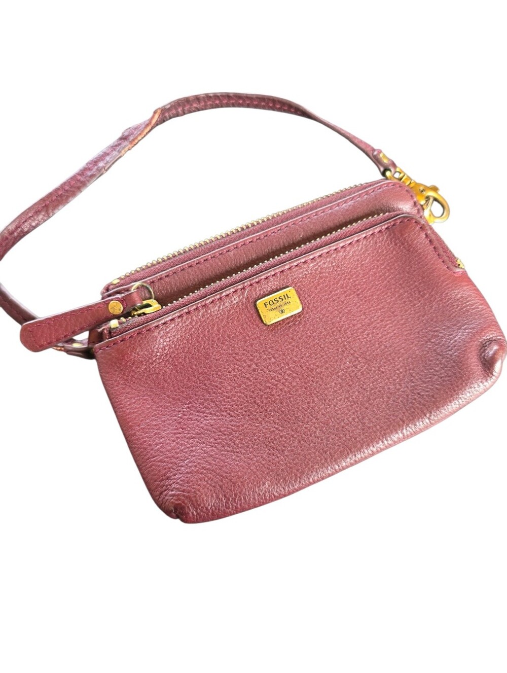 Fossil Burgundy Leather Wristlet Wallet | Double Zip Pouch Organizer